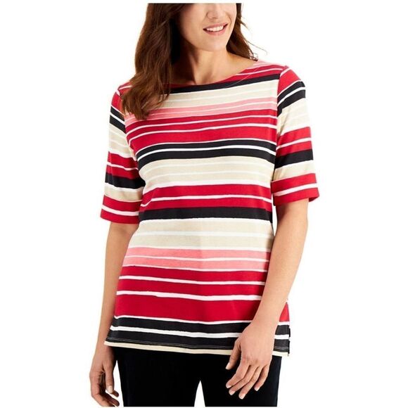 Karen Scott Striped Boat-Neck Top New Red Amore S - Picture 1 of 2